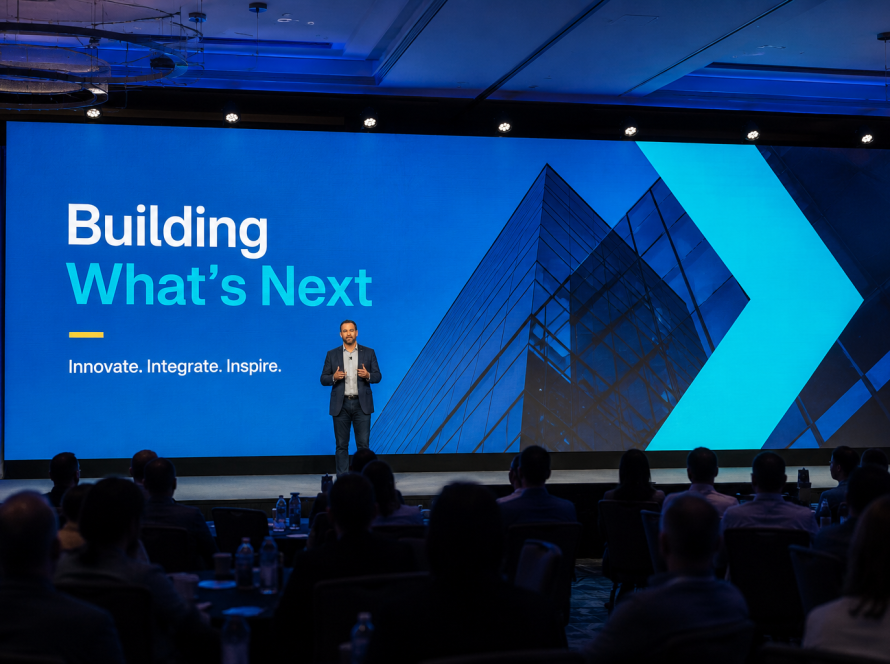 Corporate keynote stage with blue LED backdrop