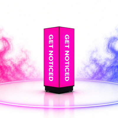 LED desk cube display with pink visuals