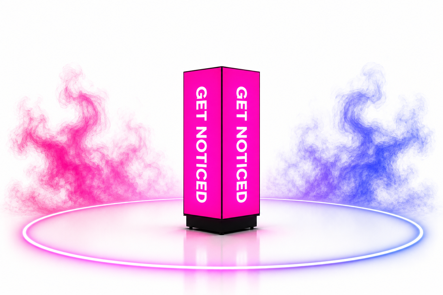 LED desk cube display with pink visuals