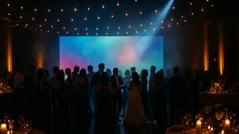 Wedding reception dance floor at night lit by a glowing LED video wall and amber uplighting