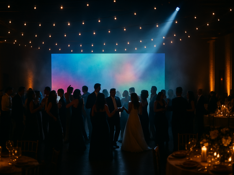 Wedding reception dance floor at night lit by a glowing LED video wall and amber uplighting