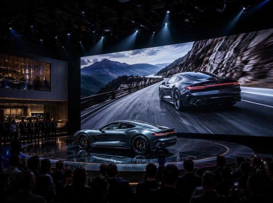 Auto show reveal with a sports car in front of a huge LED wall playing driving footage