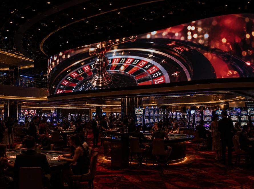 Casino floor with a curved LED display showing a roulette wheel above slot machines and gaming tables