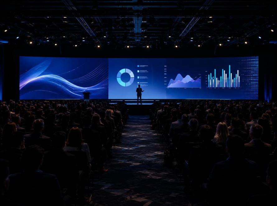 Corporate keynote stage with a wide LED video wall displaying presentation graphics behind the speaker