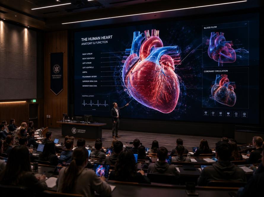 University lecture hall with an LED wall showing a 3D human heart visualization during an anatomy lesson