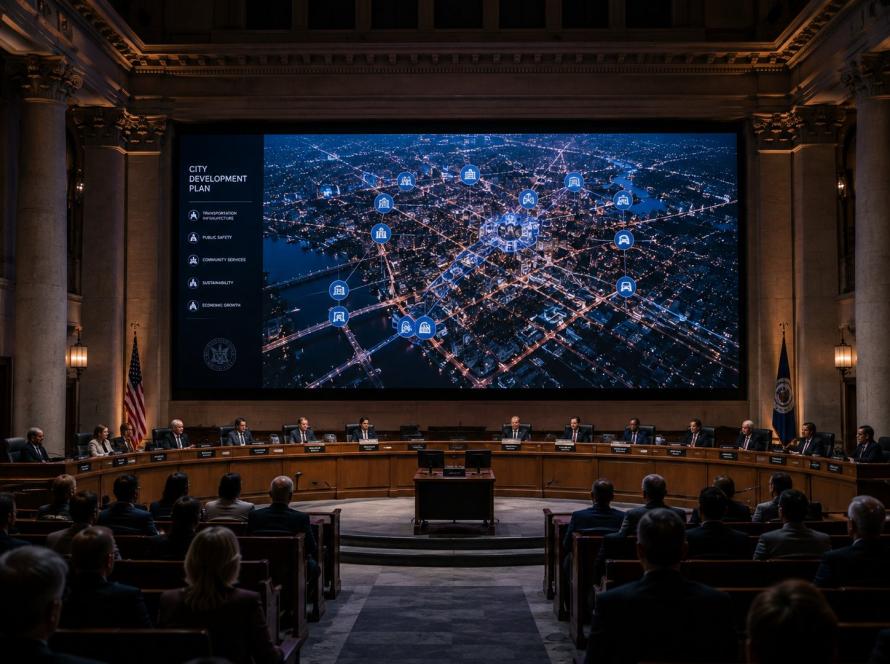 Civic council chamber with a large LED wall presenting a city development map to seated officials