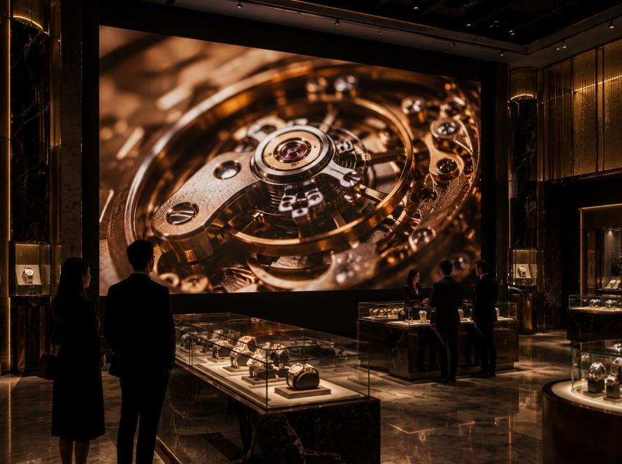 Luxury boutique with an elegant LED wall displaying a macro film of a gold watch mechanism above jewelry display cases