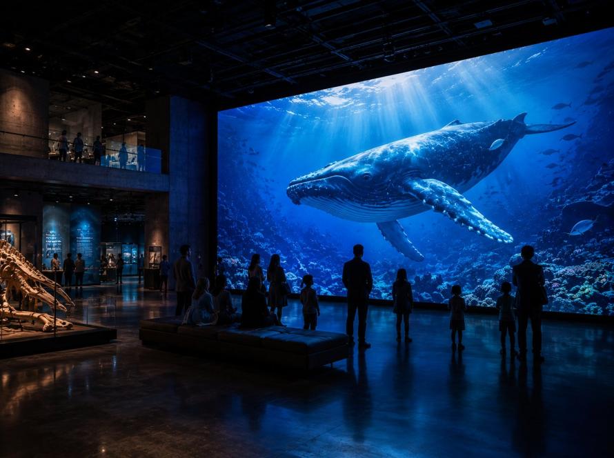 Immersive museum exhibit with a floor-to-ceiling LED wall showing underwater whale footage as visitors watch