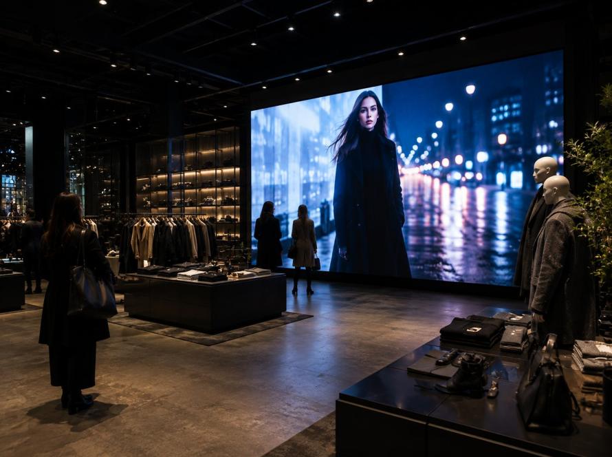 Upscale retail store with a large LED display wall showing a fashion film beside clothing displays